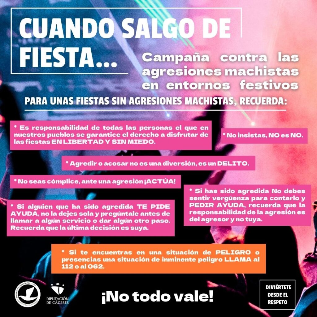 2 - Movimiento Extremeño por la Paz Cartel colorido en español que promueve una campaña contra agresiones machistas en fiestas; textos en recuadros blancos y rosa con logotipos en la esquina inferior y el lema '¡No todo vale!'.
