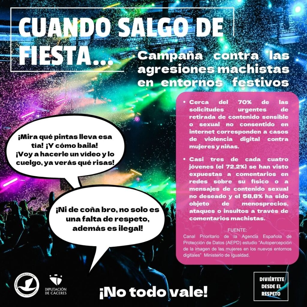 3 - Movimiento Extremeño por la Paz Cartel colorido sobre seguridad en fiestas: título 'CUANDO SALGO DE FIESTA…', globos de texto con mensajes de respeto y un recuadro rosa con datos sobre violencia digital, fondo de fiesta con luces y confeti, logos oficiales.