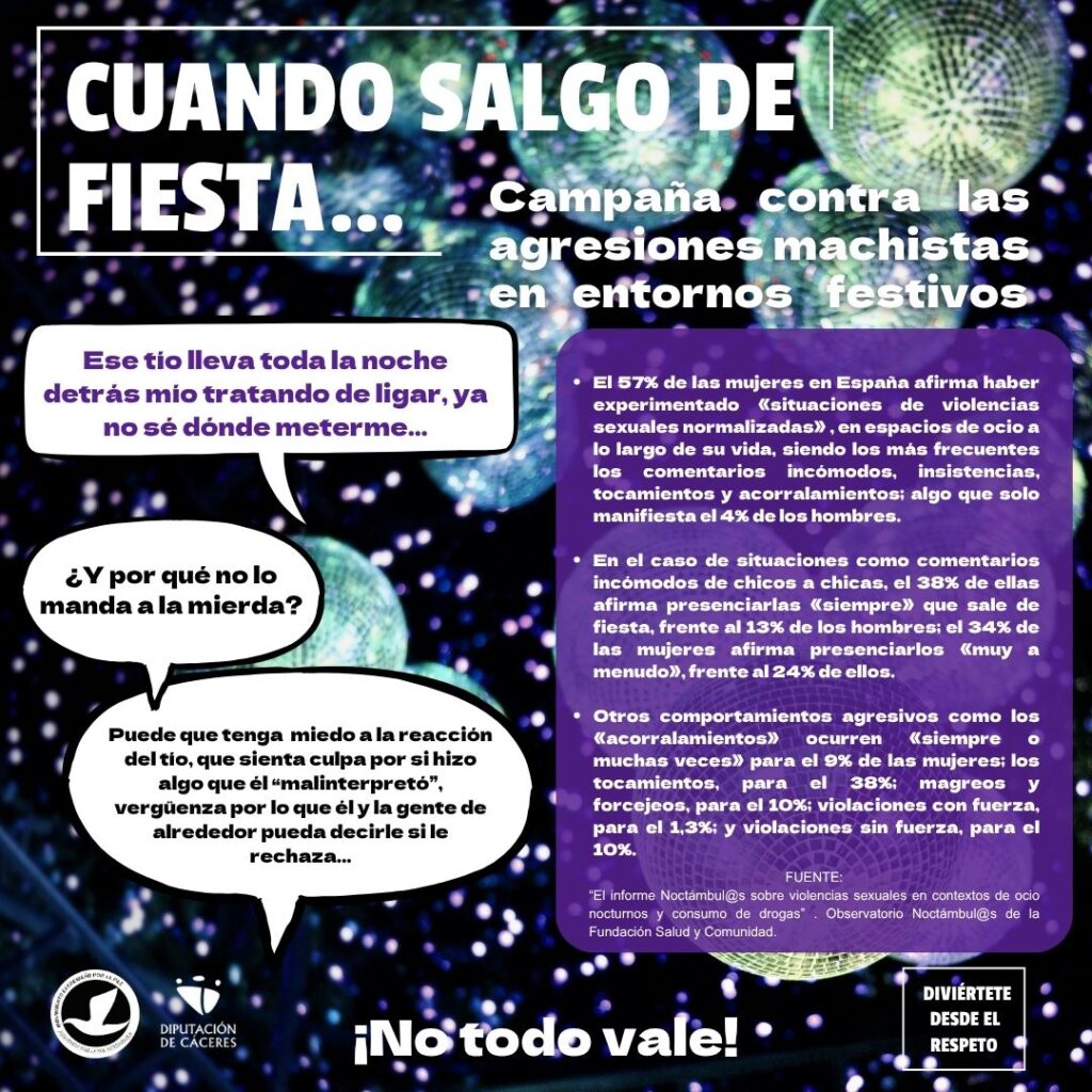 5 - Movimiento Extremeño por la Paz Cartel en español contra violencia machista en fiestas; texto grande y burbujas de diálogo.