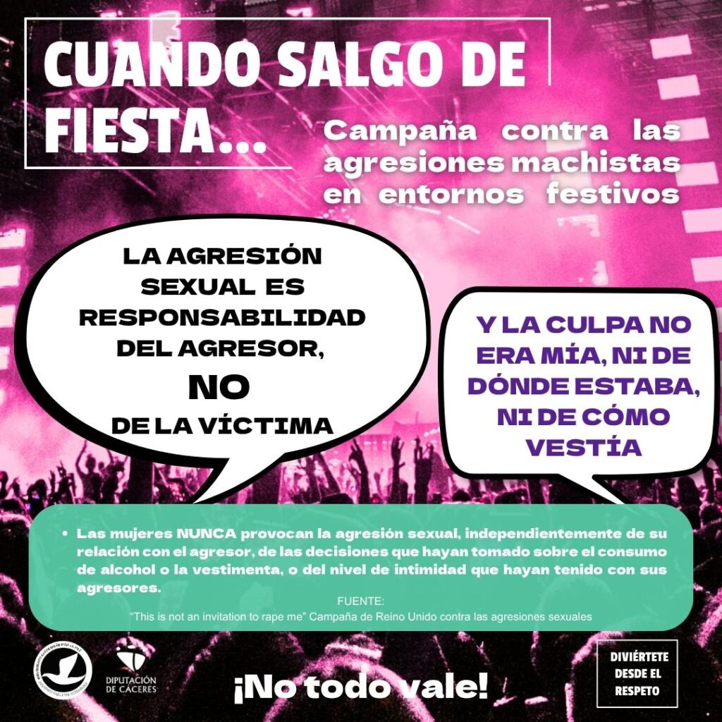 6 - Movimiento Extremeño por la Paz Cartel de campaña en español contra la violencia sexual en fiestas: fondo rosa con público, dos globos de texto grandes con mensajes centrales y logos institucionales en la parte inferior izquierda.