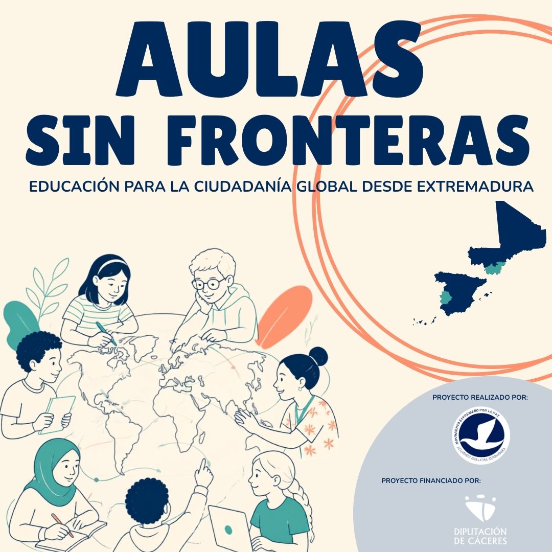 Poster for 'Aulas sin Fronteras': education for global citizenship from Extremadura, featuring children around a world map and circular logos of sponsors.