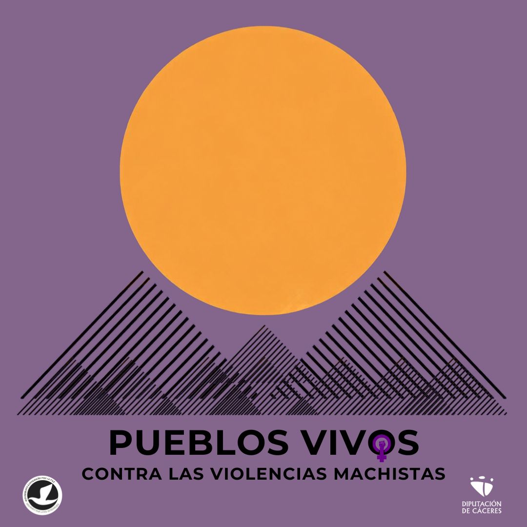 Poster promoting Pueblos Vivos: against sexist violence, purple background with an orange sun over stylized black mountains; logos at corners.